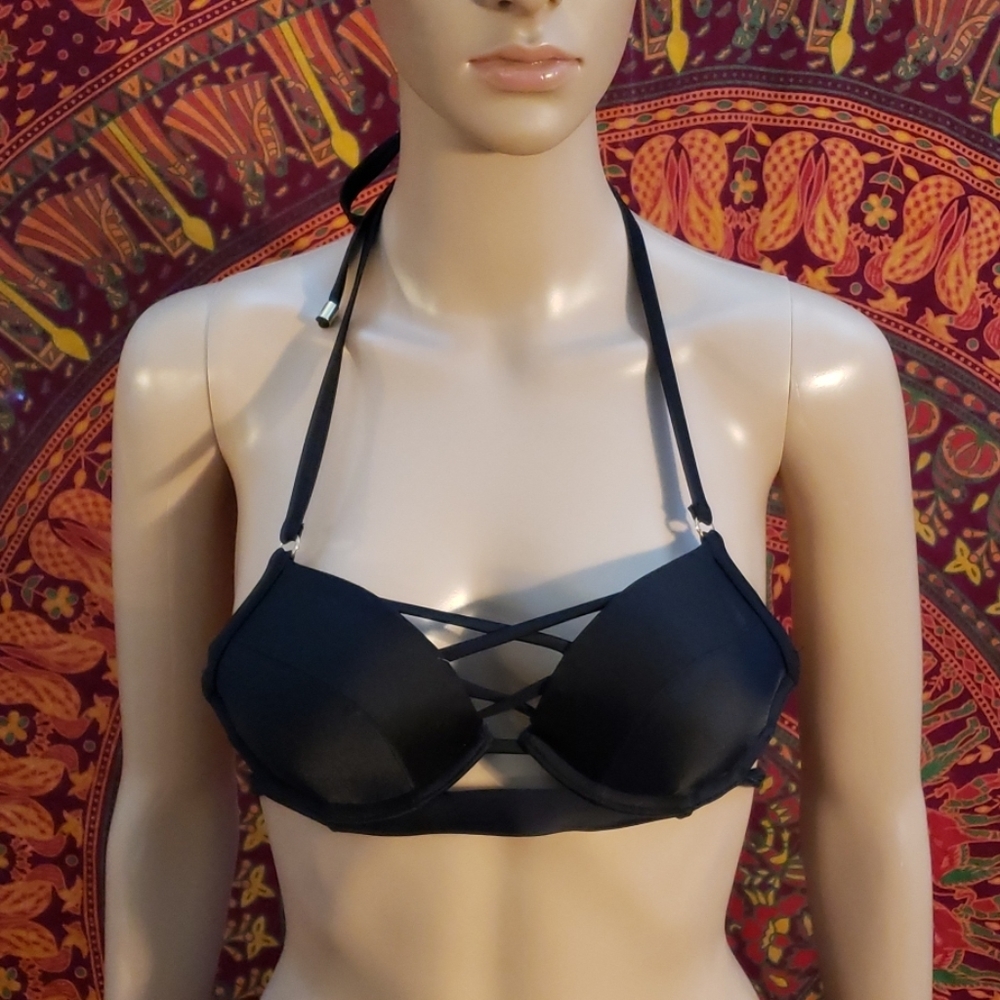 Abercrombie Black Strappy Swim Halter Bikini Top 34A